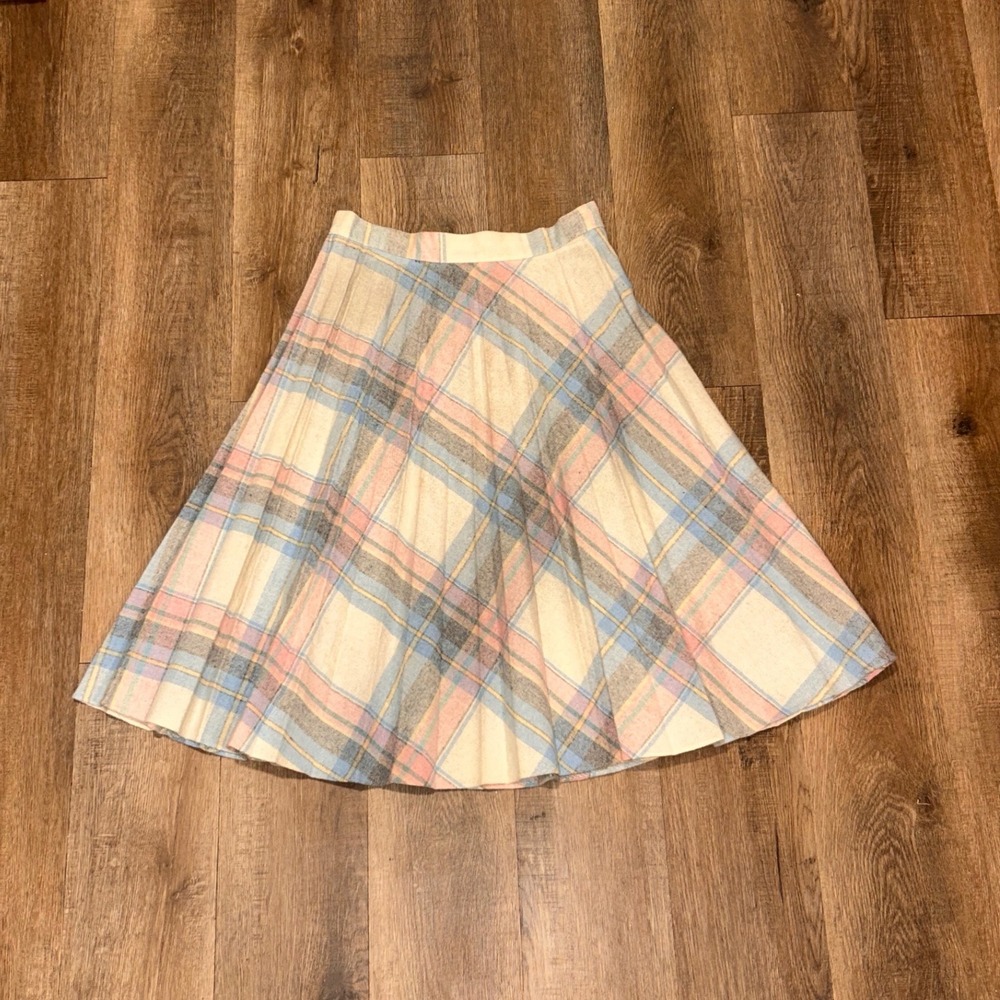 Vintage ILGWU Pastel Plaid Midi Skirt Petite 11-12 Light Academia Preppy Pink